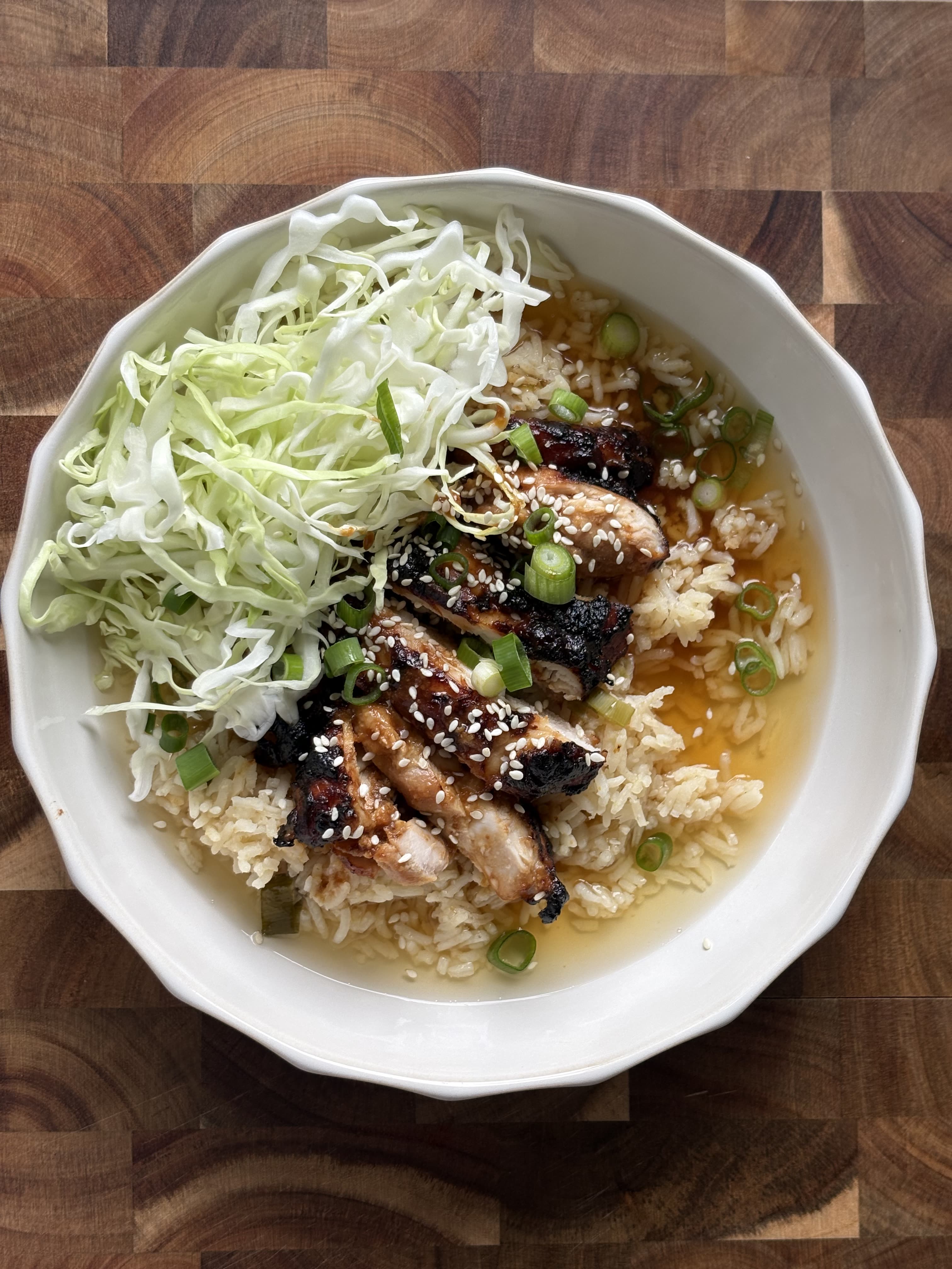 Air Fryer Miso Chicken Thighs with Brothy Rice and Cabbage